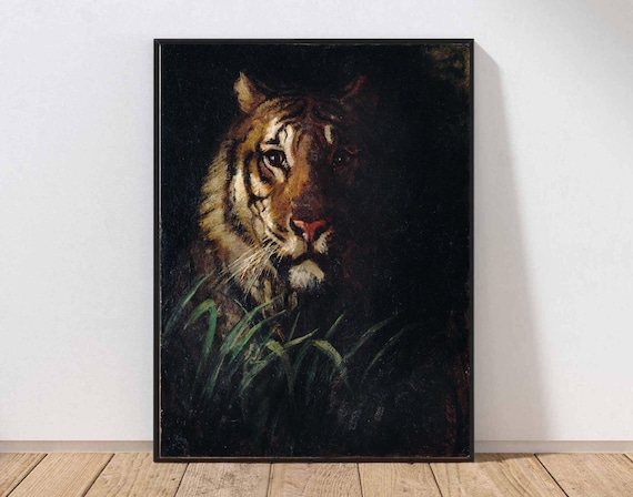 Vintage Tiger Painting Print Wall Art On Black Background Dark Moody Exotic Animal Home Decor Mailed Or Instant Anmr118