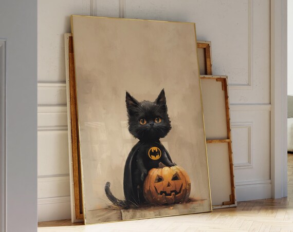 Cute Black Kitten In Bat Costume With Jack O Lantern Halloween Poster