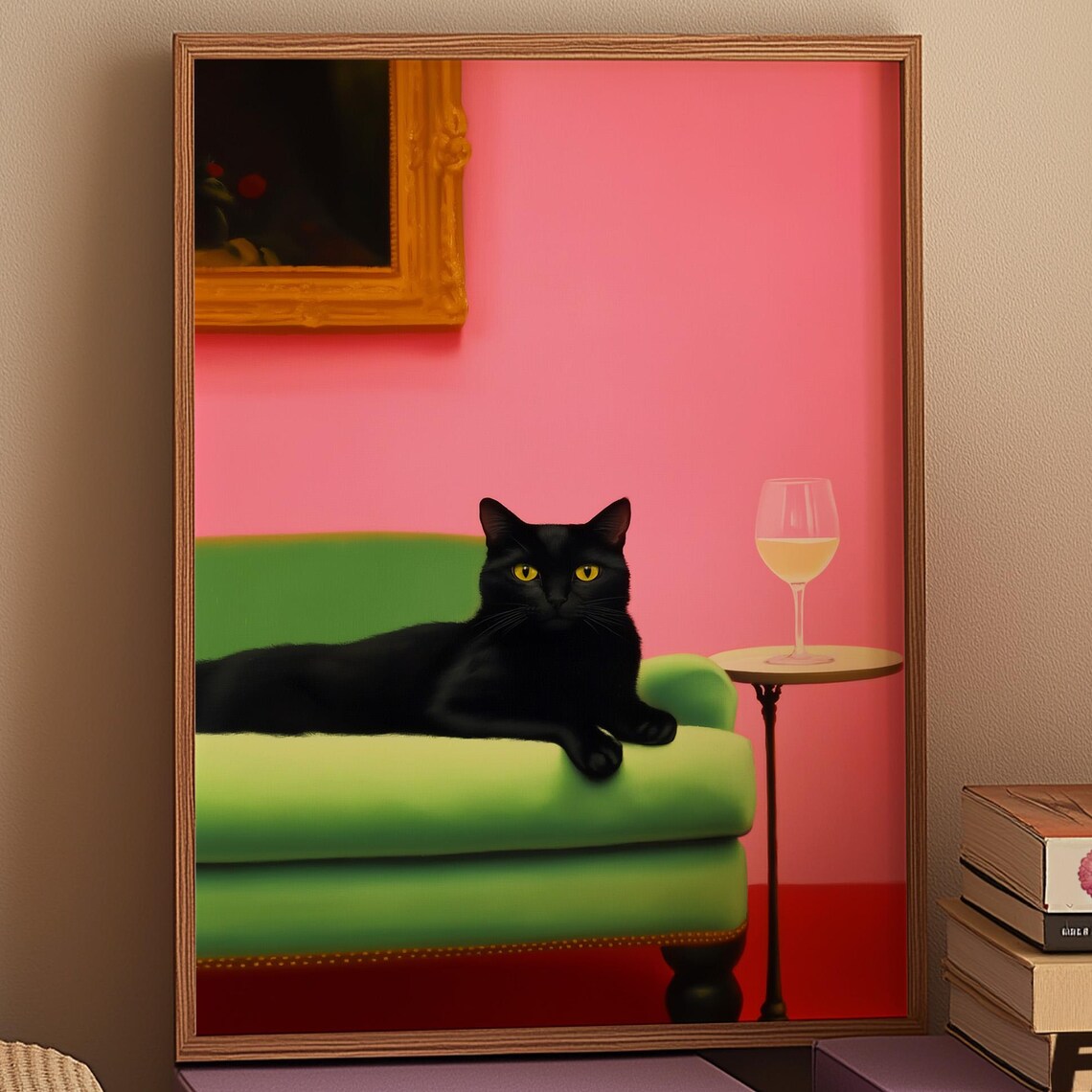 Black Cat Lounging on Green Sofa Pink Funny Animal Art Print