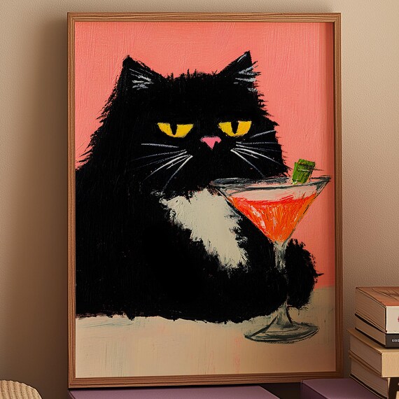 Black Cat With Martini Cocktail Pop Art Funny Kitchen Wall Poster