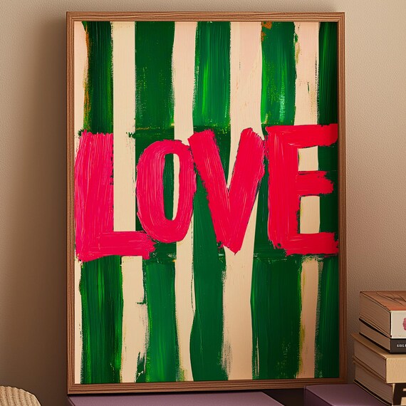Love Typography Hot Pink Letters Green Stripes Colorful Modern Wall Art