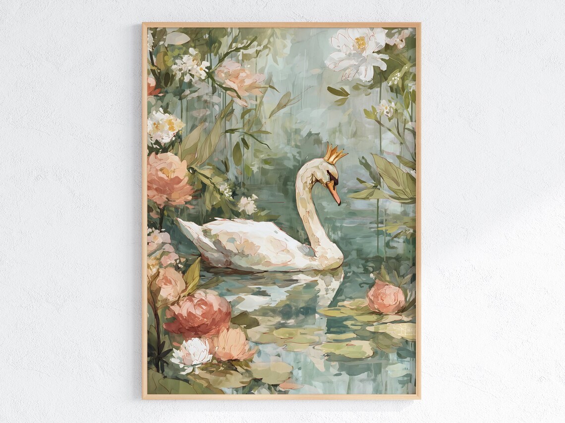 Whimsical Crowned Swan, Botanical Water Garden Art