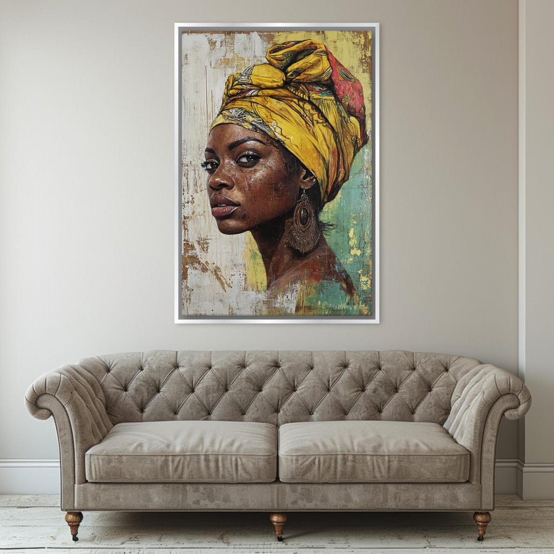 African Woman Yellow Headwrap Textured Portrait Elegant Wall Art - Image 4