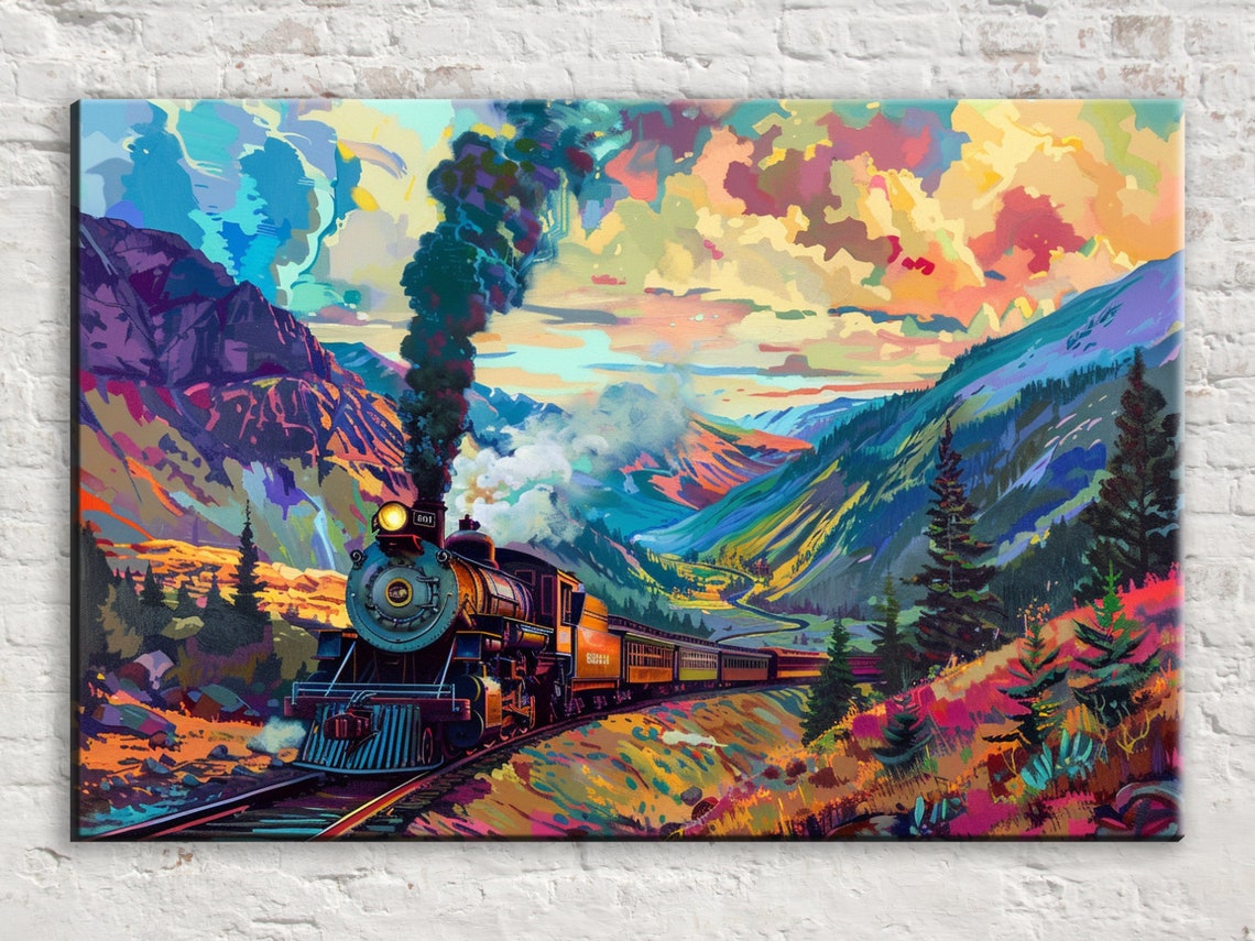 Steam Train Autumn Valley Sunset Curve Pop Art Locomotive Poster
