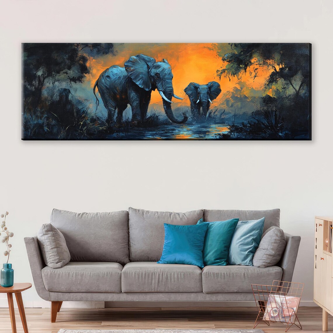 Elephants At Sunset African Waterhole Mother Baby Golden Panoramic Poster - Image 5