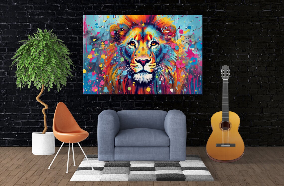 Majestic Colorful Lion Portrait Rainbow Mane Floral Pop Art Poster - Image 3