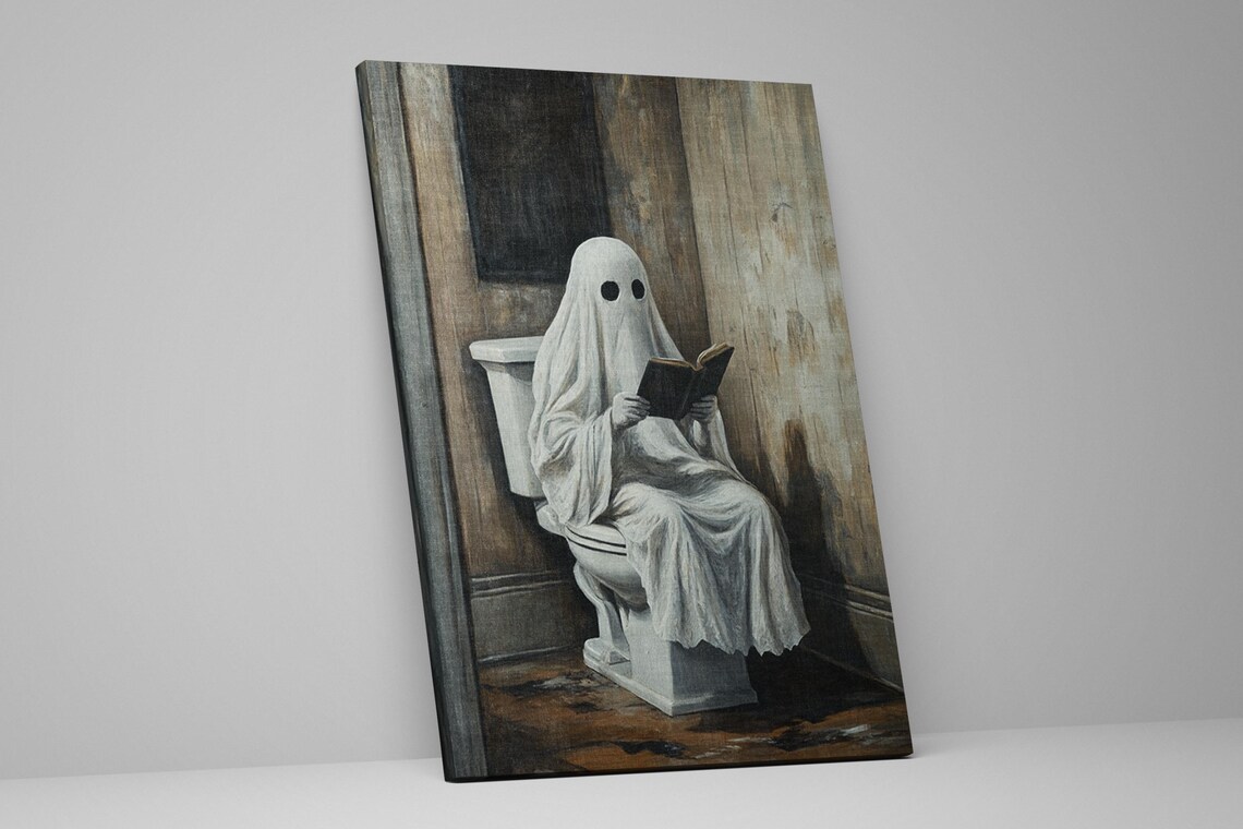 Funny Ghost Reading Book On Toilet Humorous Halloween Bathroom Art Print - Image 2