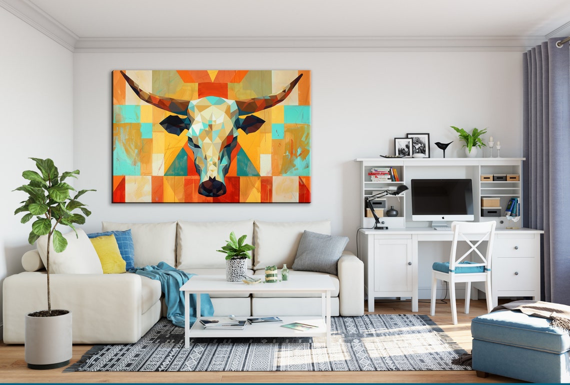 Mid Century Geometric Longhorn Steer Head Orange Teal Wall Art Poster - Image 2