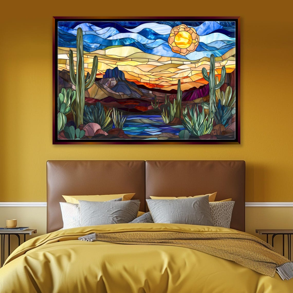 Stained Glass Desert Night Saguaro Cactus Under Sunset Sky Art Poster - Image 4