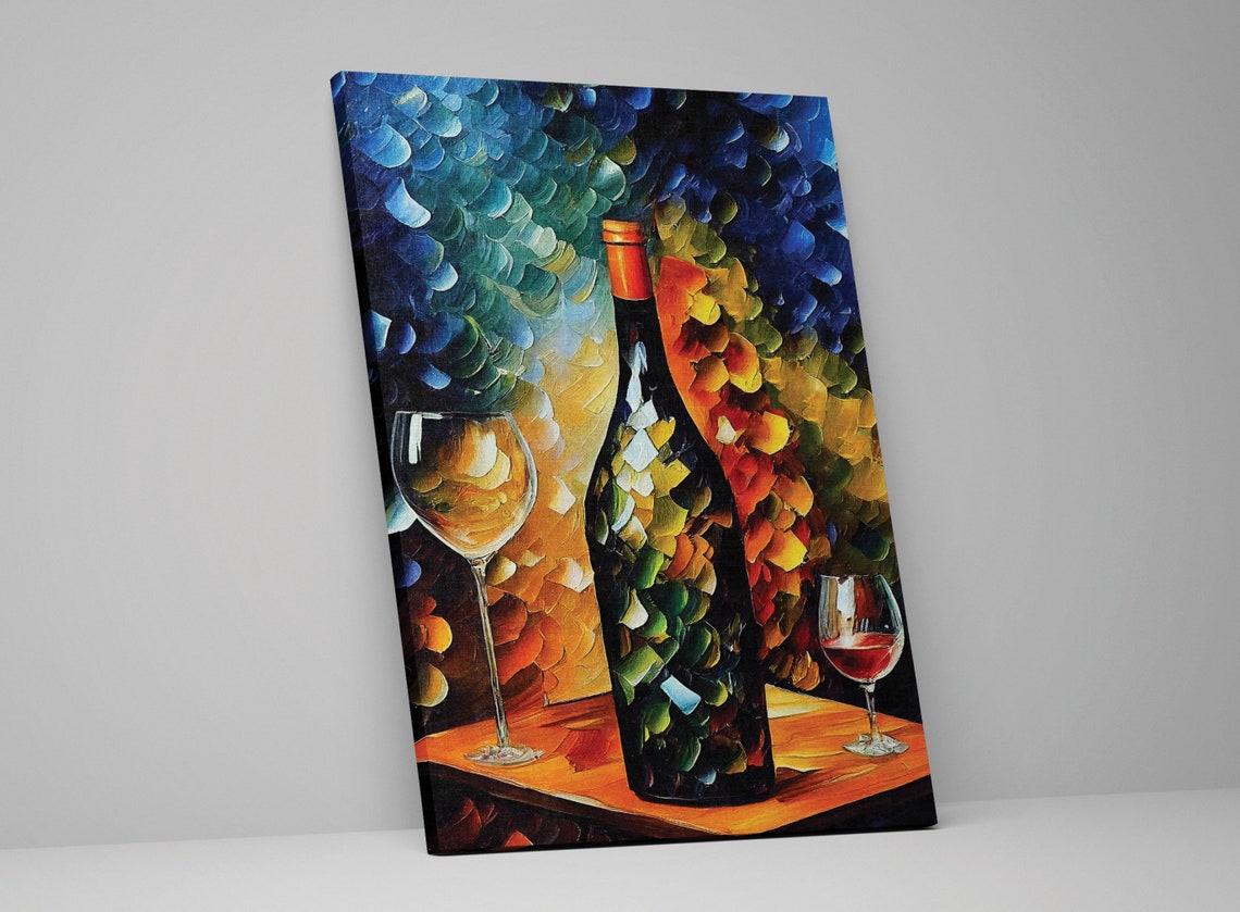 Wine Bottle Glasses Colorful Impasto Still Life Kitchen Art Poster - Image 4
