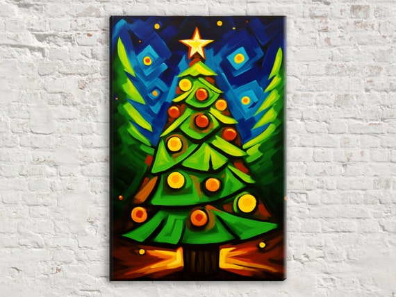 Geometric Holiday Elegance Christmas Tree Giclee Print On Gallery Wrapped Artist Ready To Hang Available In Extra Large Sizes