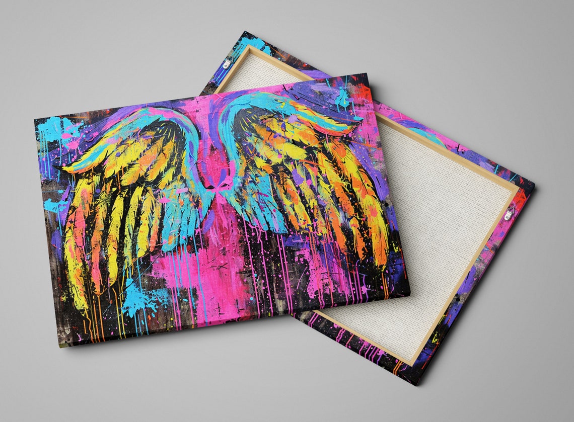 Colorful Neon Angel Wings Pop Art Pink Blue Yellow Graffiti Wall Art - Image 4