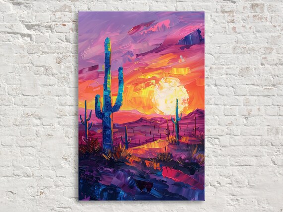 Sunset Silhouette Desert Saguaro Giclee Print On Gallery Wrapped Artist Ready To Hang Available In Extra Large Sizes