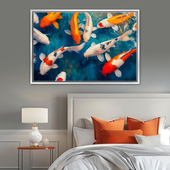 Elegant Koi Fish Swimming Print Peaceful Home Art Framed Or Unframed Gallery Wrapped Gicle Ready To Hang Extra Large Wall Art