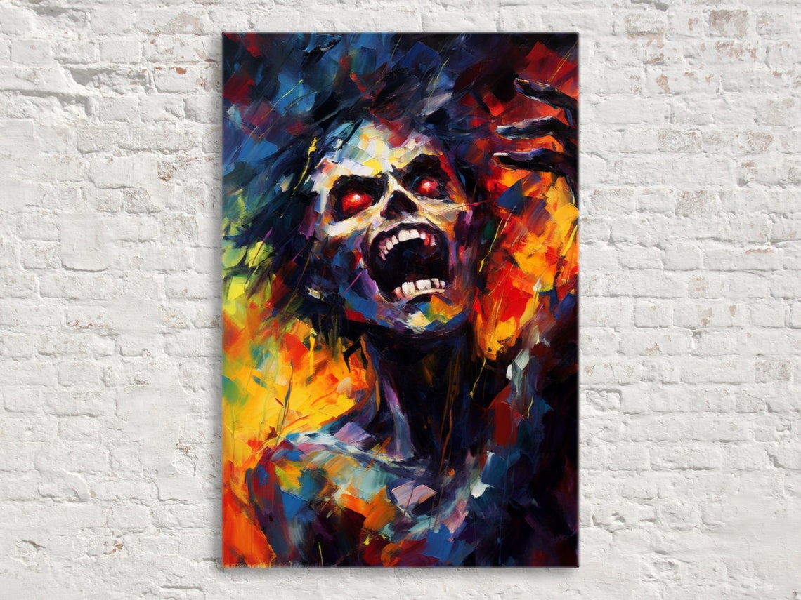 Screaming Zombie Skull Red Eyes Chaotic Expressionist Horror Art Print