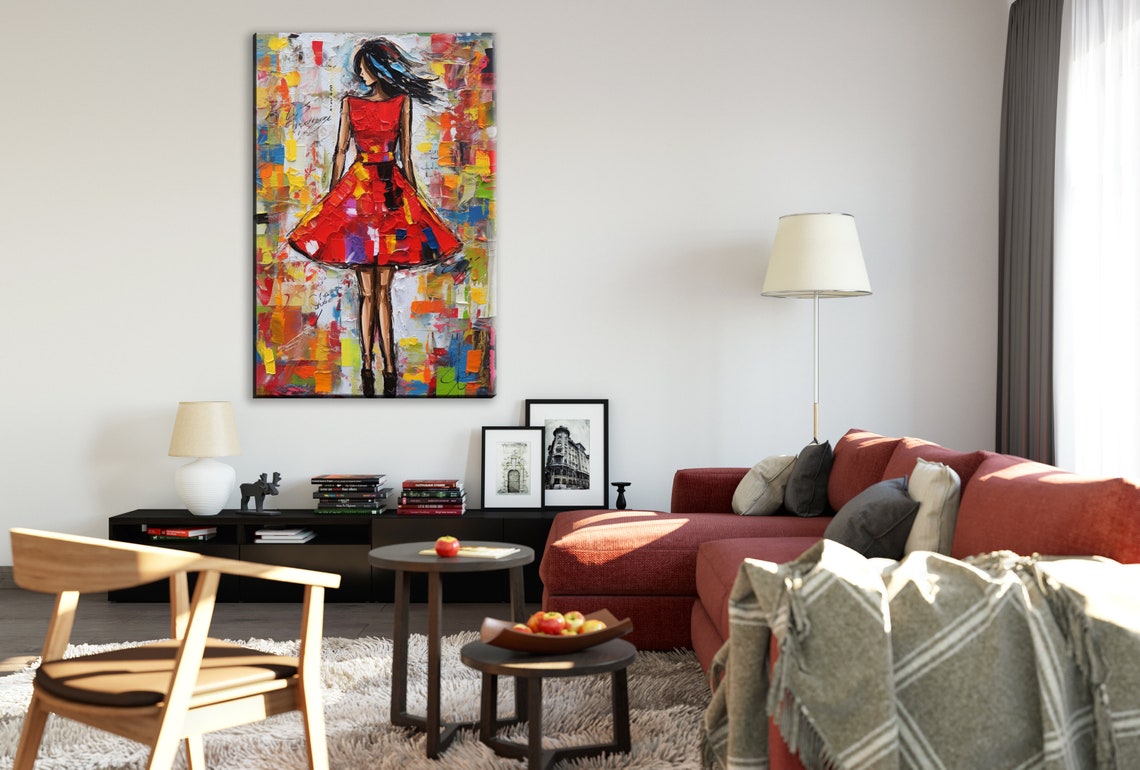 Woman in Red Dress Impasto Painting Elegant Back View Poster - Image 3