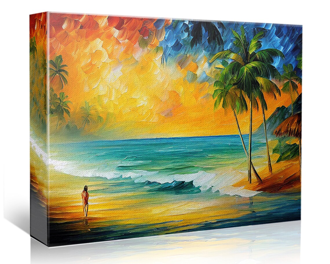 Tropical Sunset Beach Lone Figure Palm Trees Golden Ocean Poster - Image 5