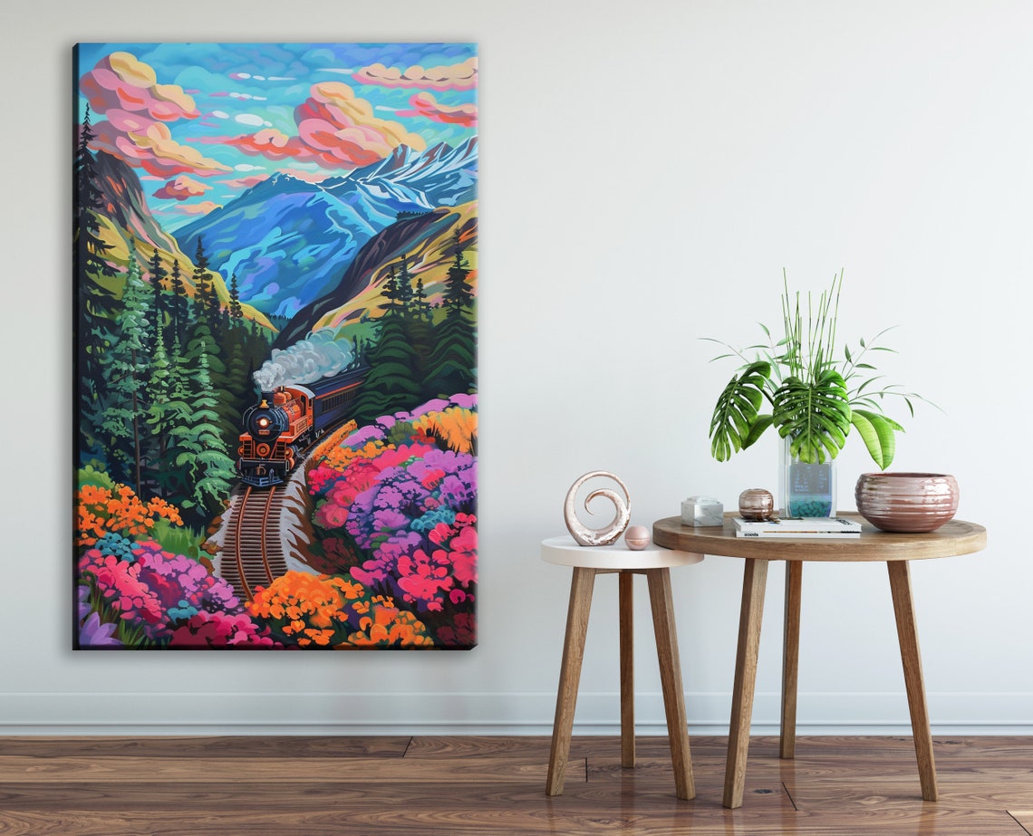 Steam Train Pink Flower Meadow Mountain Valley Pop Art Rail Poster - Image 3