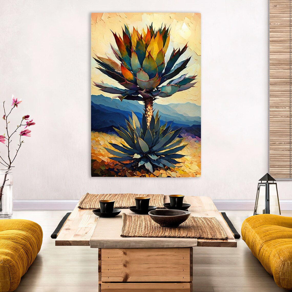 Blooming Agave Flower Stalk Desert Mountains Golden Sunset Art Poster - Image 3