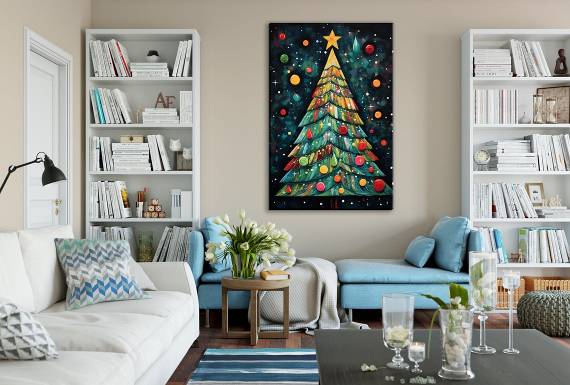 Festive Boho Christmas Tree Colorful Ornaments Starry Night Art Print - Image 2