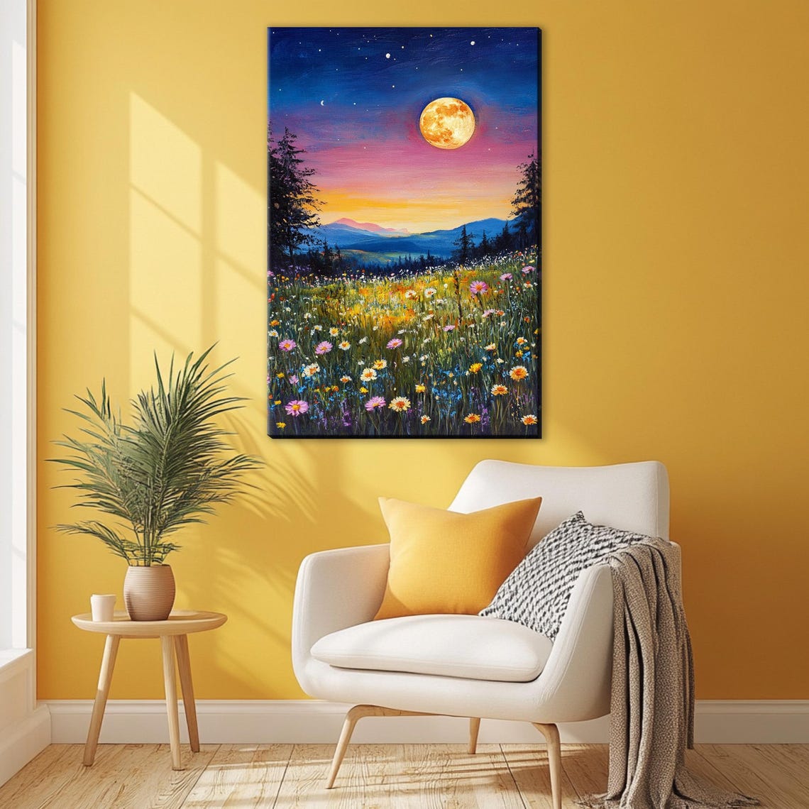 Full Moon Over Wildflower Meadow Starry Night Sky Landscape Poster - Image 3