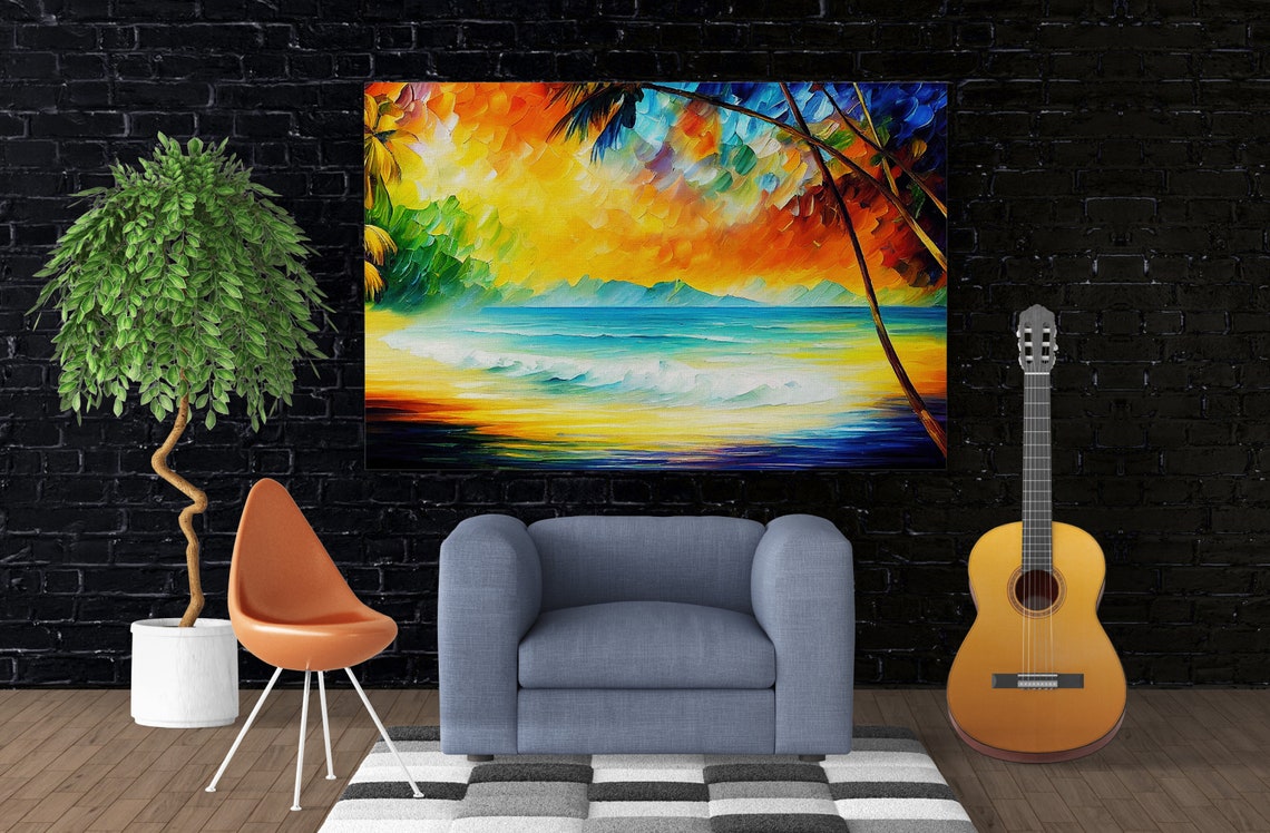 Tropical Beach Sunset Waves Framed by Palm Leaves Island View Poster - Image 4