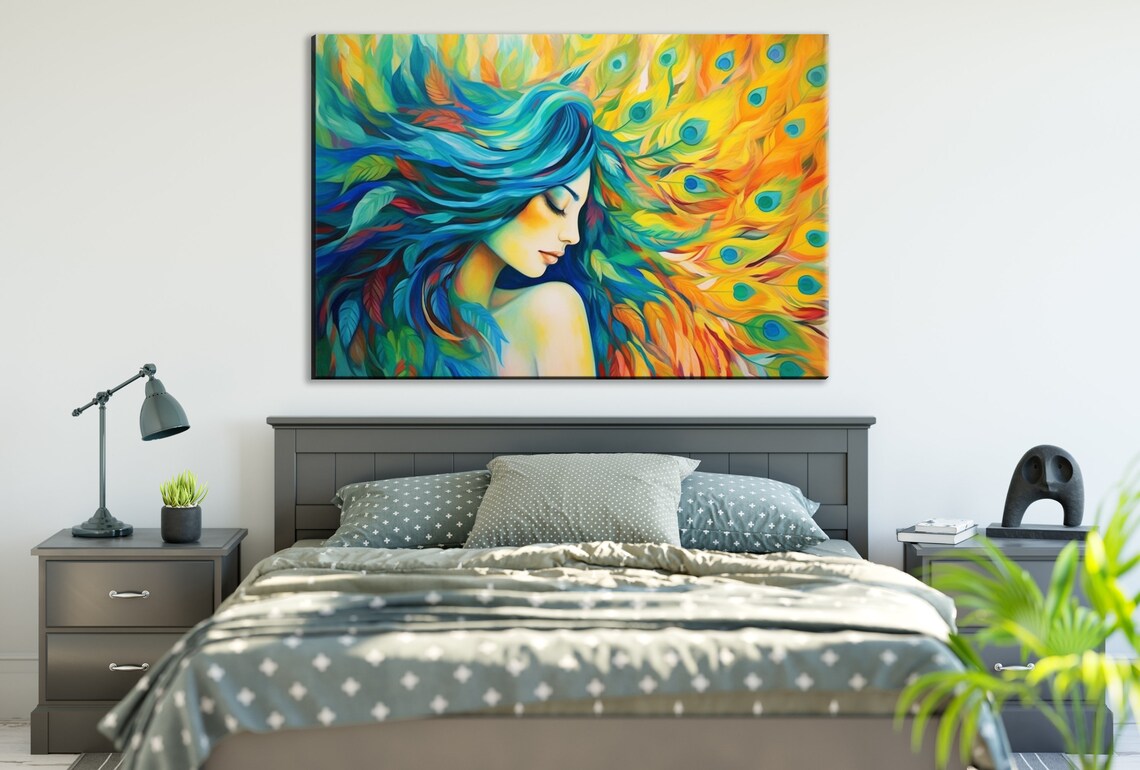 Golden Teal Hair Woman Peacock Feathers Dreamy Profile Art Poster - Image 3