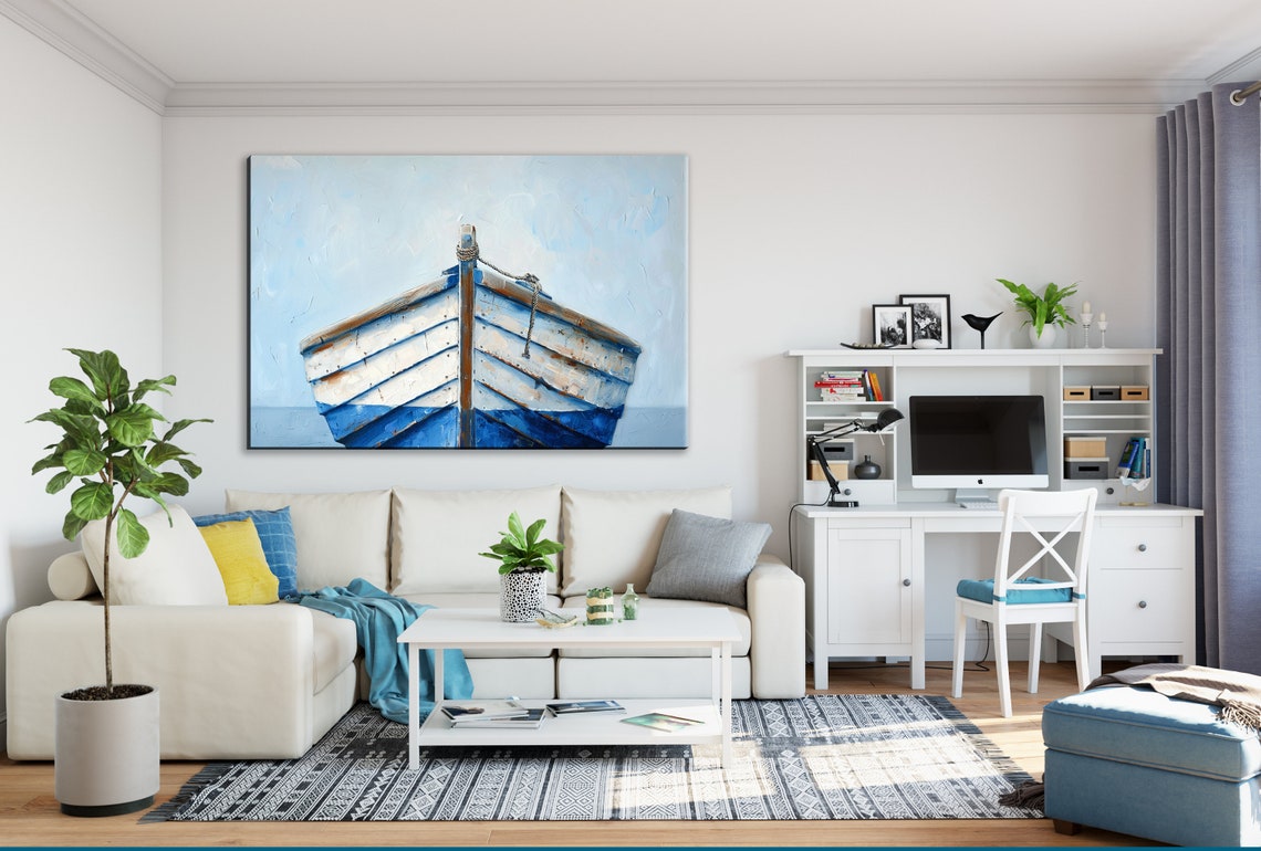 Minimalist Blue White Wooden Boat Bow Pale Sky Coastal Wall Art - Image 3