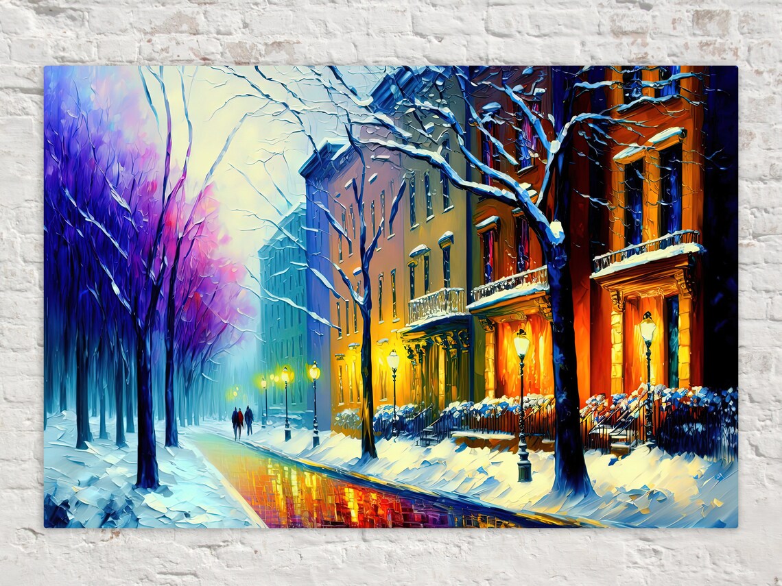 Winter Snowy City Street Brownstone Houses Lamp Glow Evening Poster