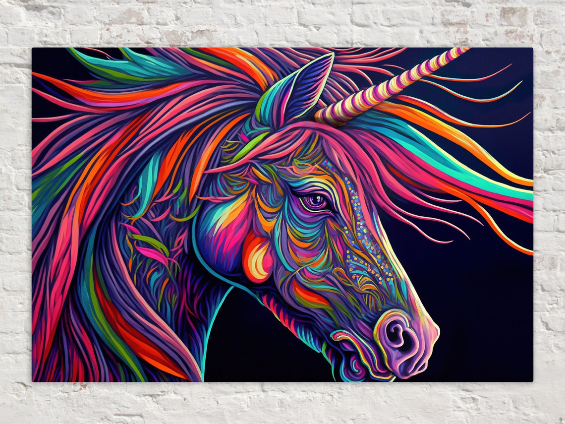 Neon Psychedelic Unicorn Head Dark Background Magical Horse Art Poster