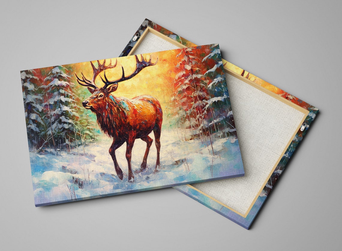 Majestic Elk Snowy Forest Golden Sunset Big Antlers Winter Art Print - Image 5