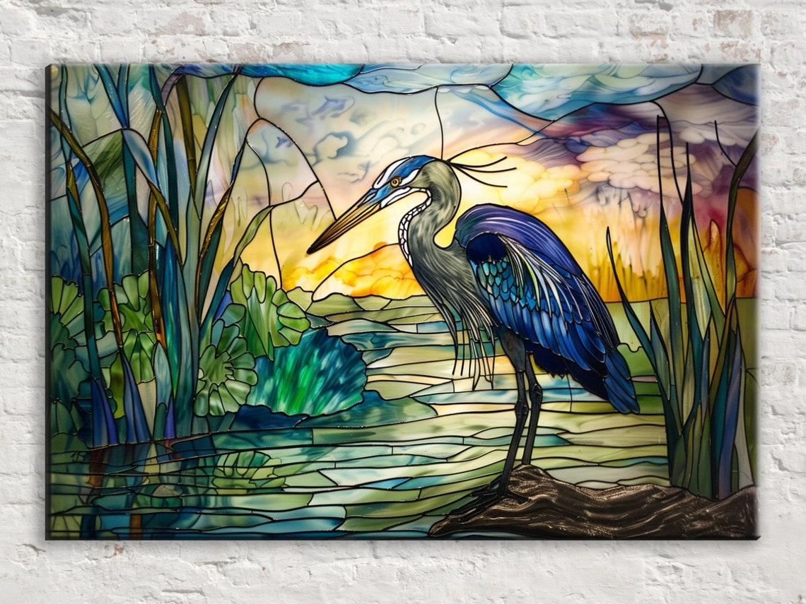 Blue Heron Stained Glass Sunset Wetlands Leaded Panel Art Poster