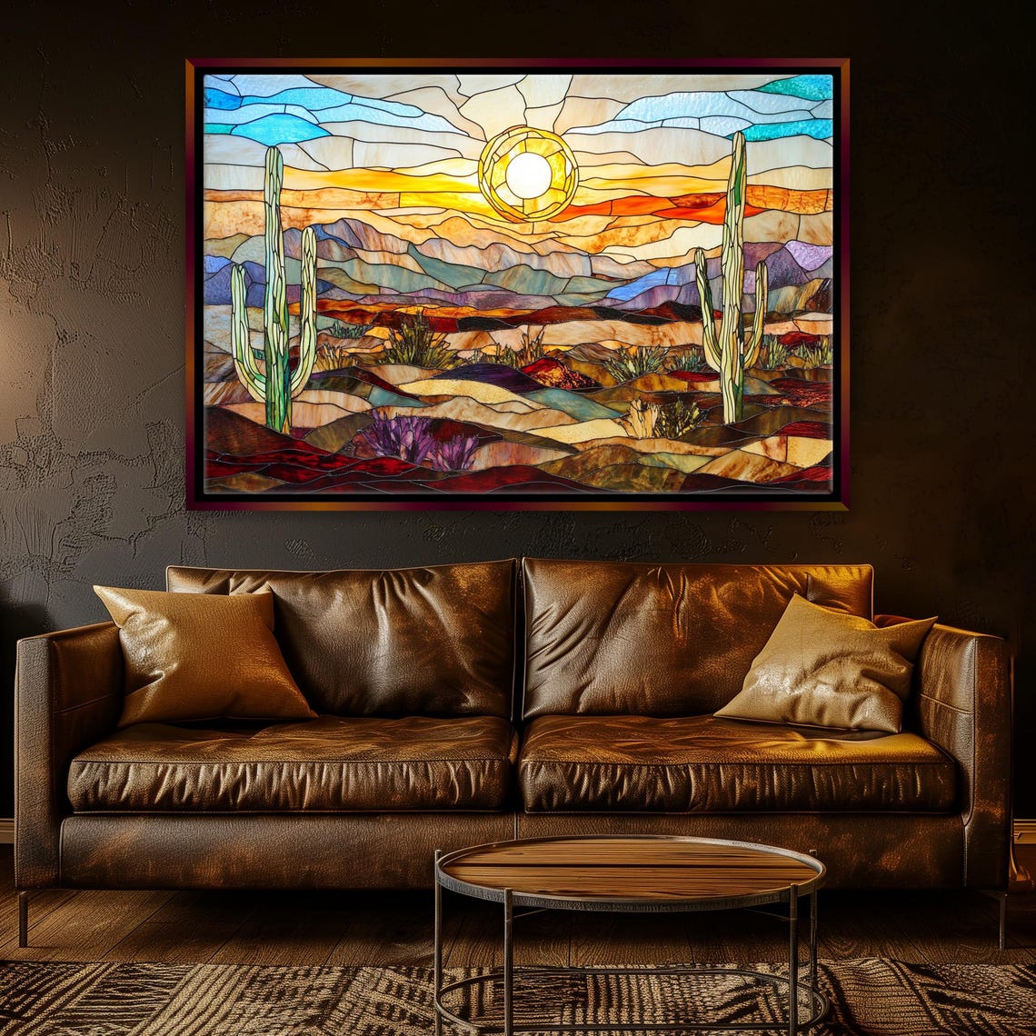 Stained Glass Desert Valley Sunrise Saguaro Cacti Horizontal Art - Image 5