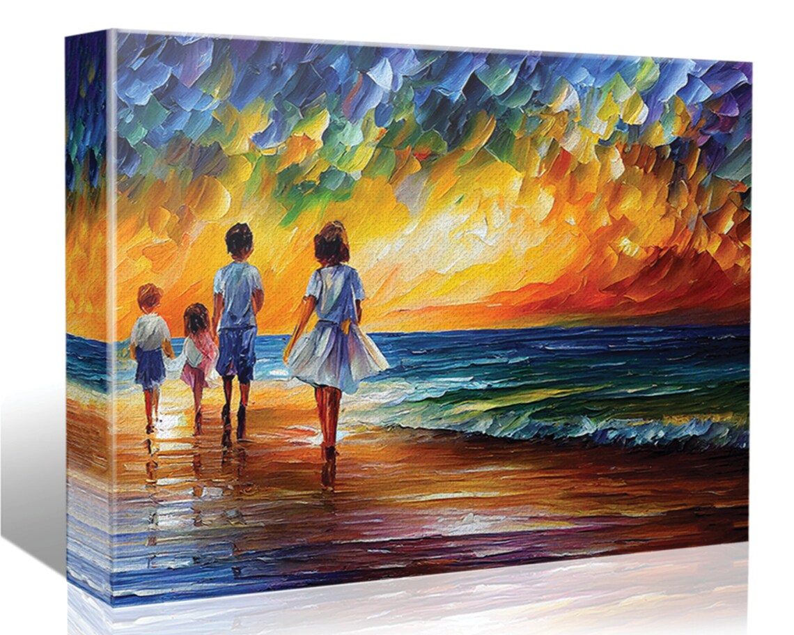 Children Walking Beach Sunset Colorful Ocean Family Art Poster - Image 5