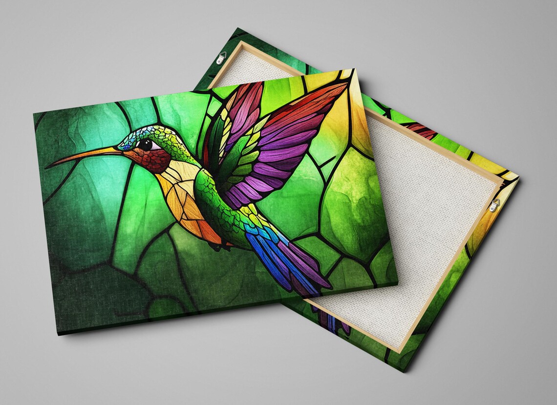 Stained Glass Style Hummingbird In Flight Green Background Bird Poster - Image 2