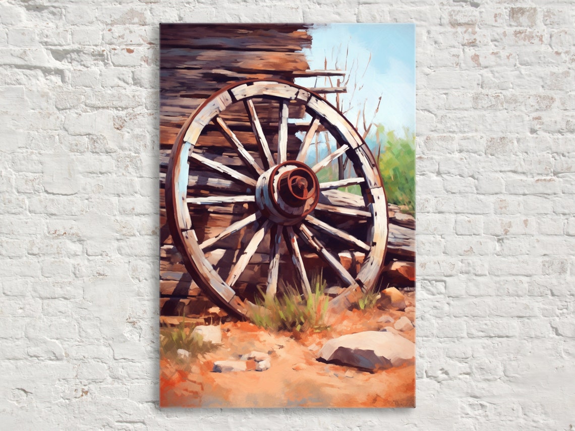 Vintage Wagon Wheel Old Log Barn Rustic Western Farmhouse Poster