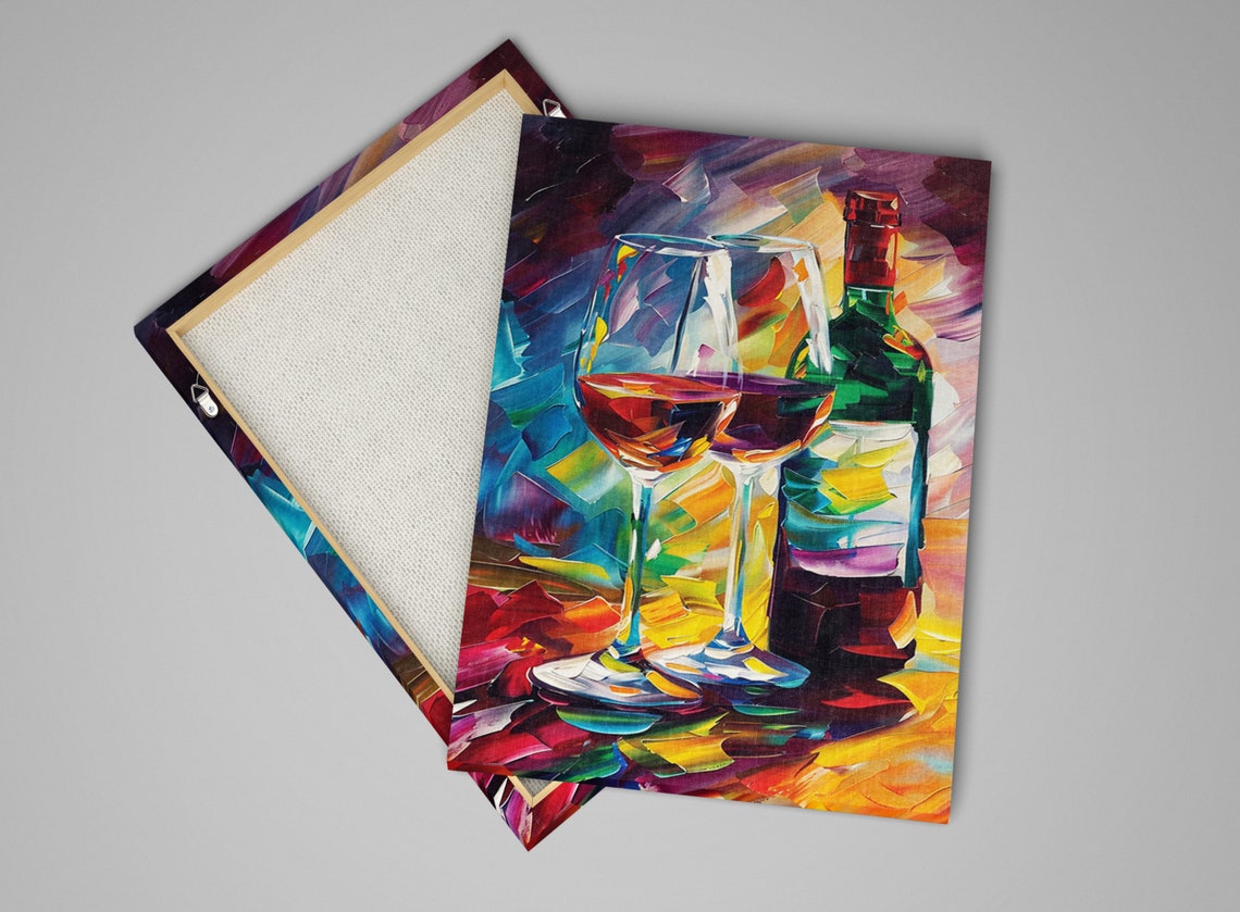Abstract Red Wine Bottle Two Glasses Colorful Impasto Kitchen Poster - Image 5