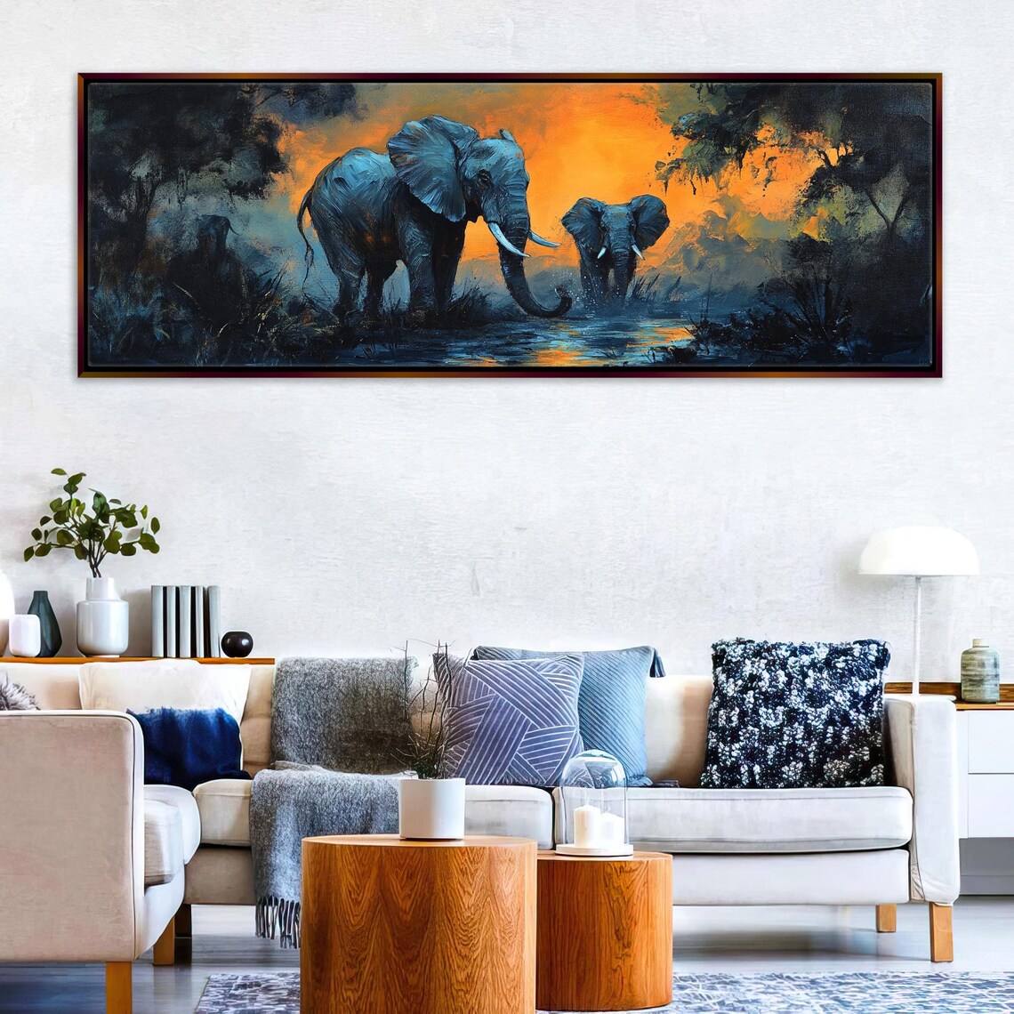 Elephants At Sunset African Waterhole Mother Baby Golden Panoramic Poster - Image 3