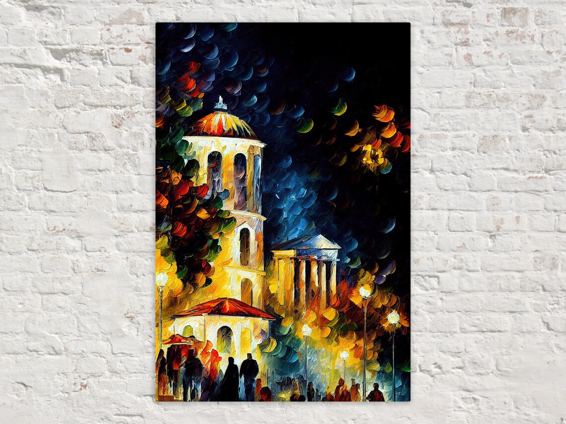 Athens Greece Night Old Church Bell Tower Lamp Lit Street Poster