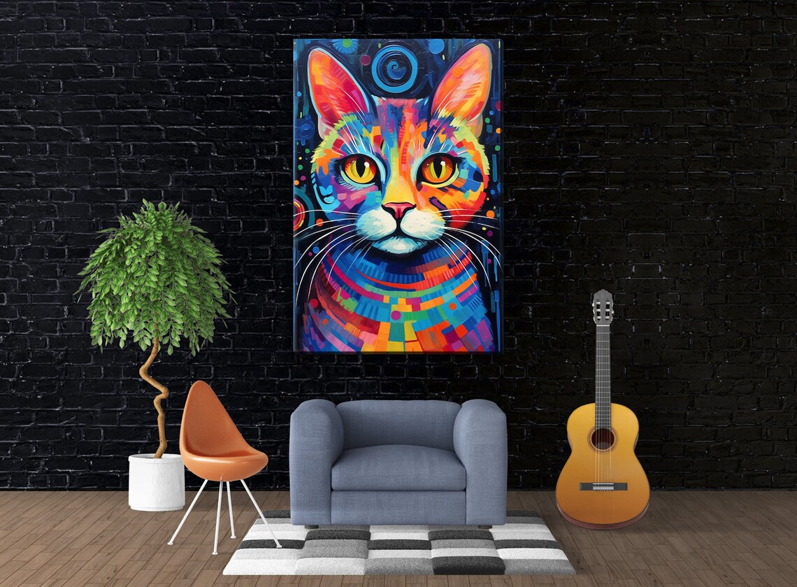 Colorful Cat Portrait Rainbow Pop Art Expressive Eyes Wall Art Print - Image 2