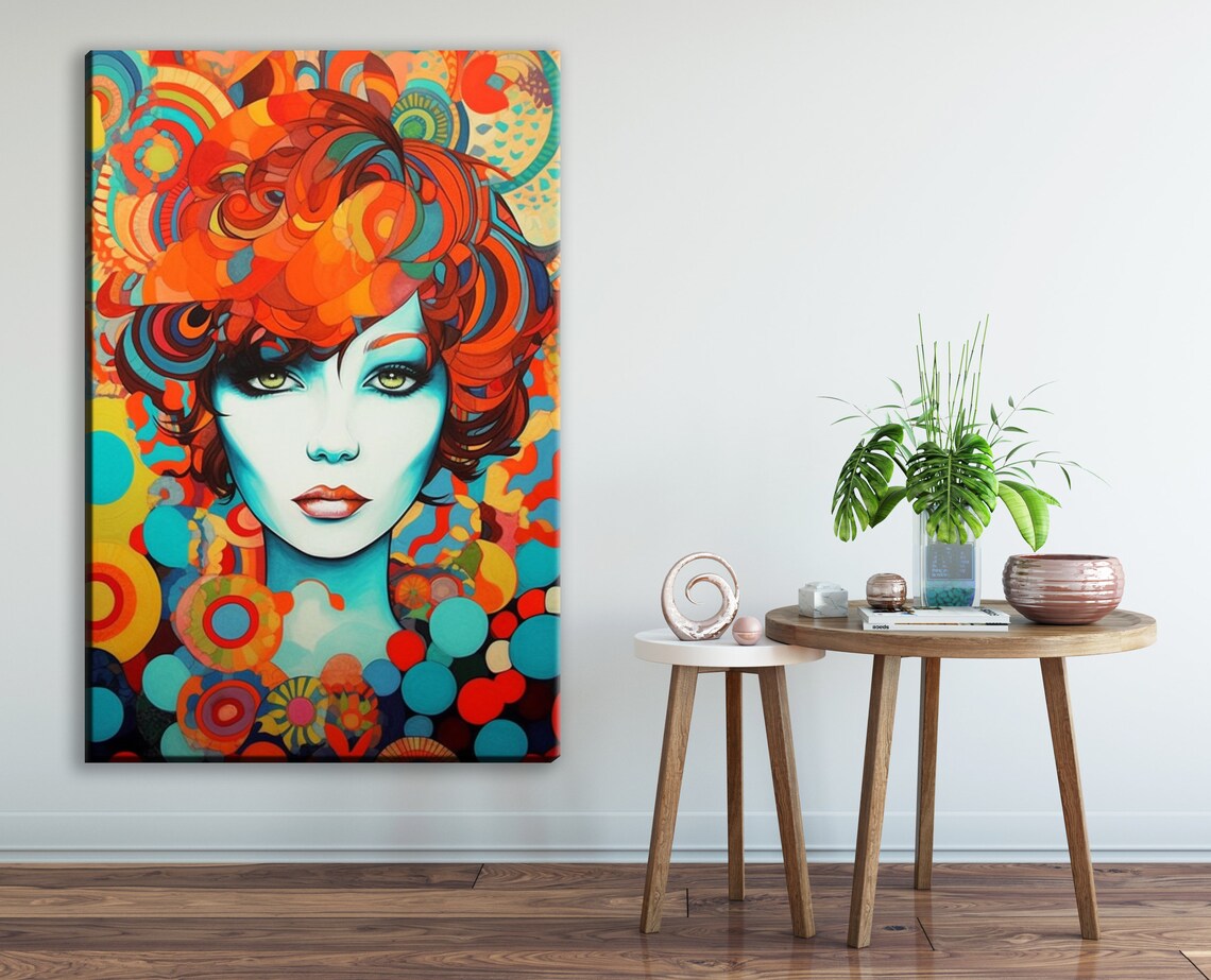 Art Deco Woman Portrait Orange Curly Hair Geometric Style Poster - Image 2