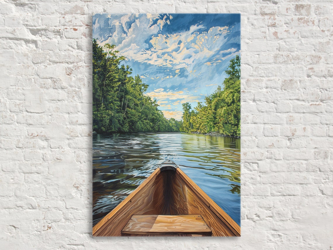 Wooden Canoe Bow Calm Forest River Blue Sky Adventure Wall Art