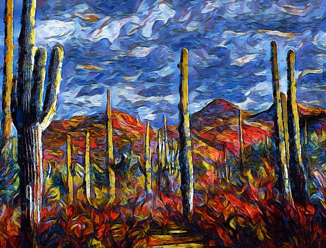 Saguaro Cactus Dramatic Night Sky Swirling Clouds Desert Art Poster - Image 2