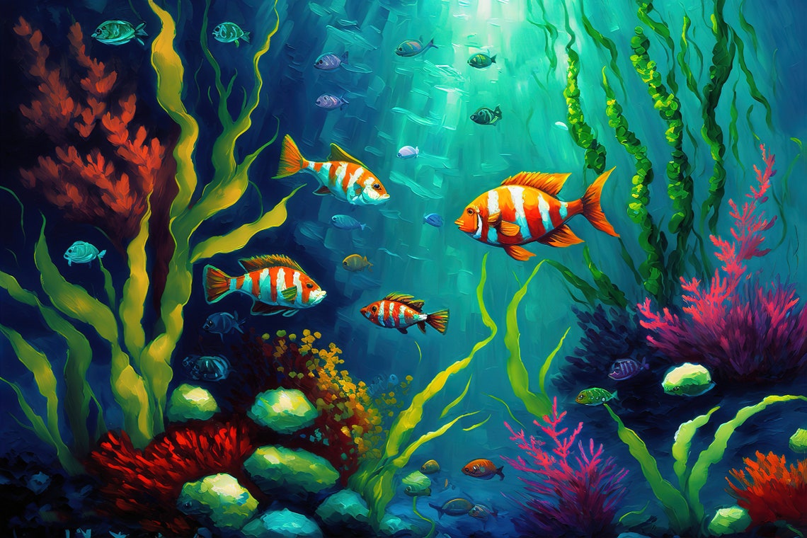Underwater Fish Scene Striped Orange Fish Kelp Coral Ocean Poster - Image 5