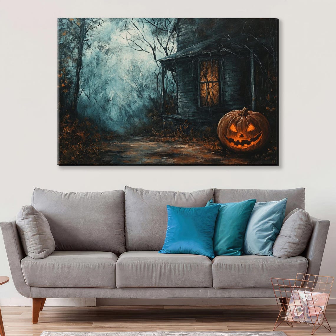 Haunted Halloween House Jack O Lantern Misty Night Spooky Wall Art - Image 4
