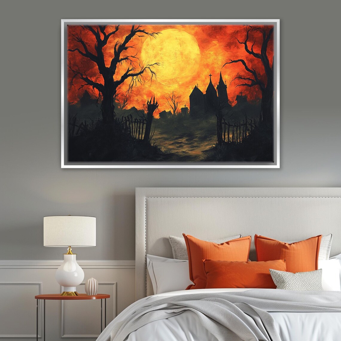 Eerie Halloween Haunted House Sunset Orange Sky Bats Spooky Wall Art - Image 5