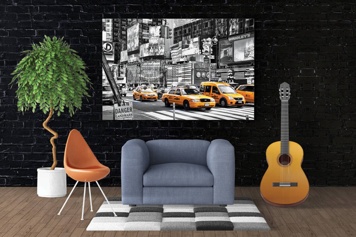 Times Square Yellow Taxis Billboards Black White City Poster - Image 3
