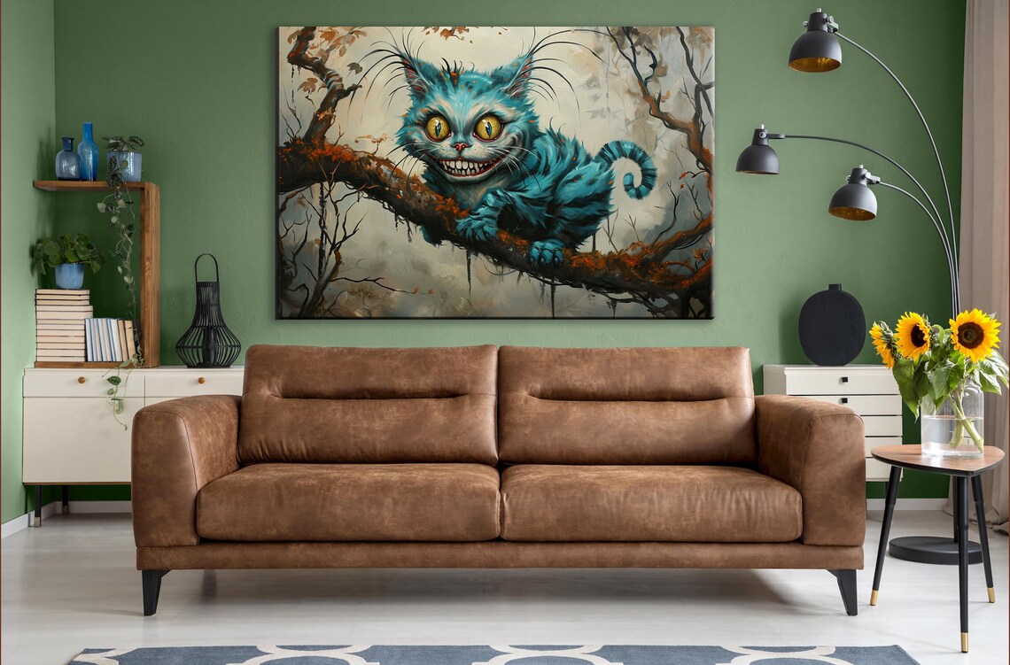 Moody Blue Cheshire Cat On Autumn Branch Eerie Wonderland Art Wall Poster - Image 2