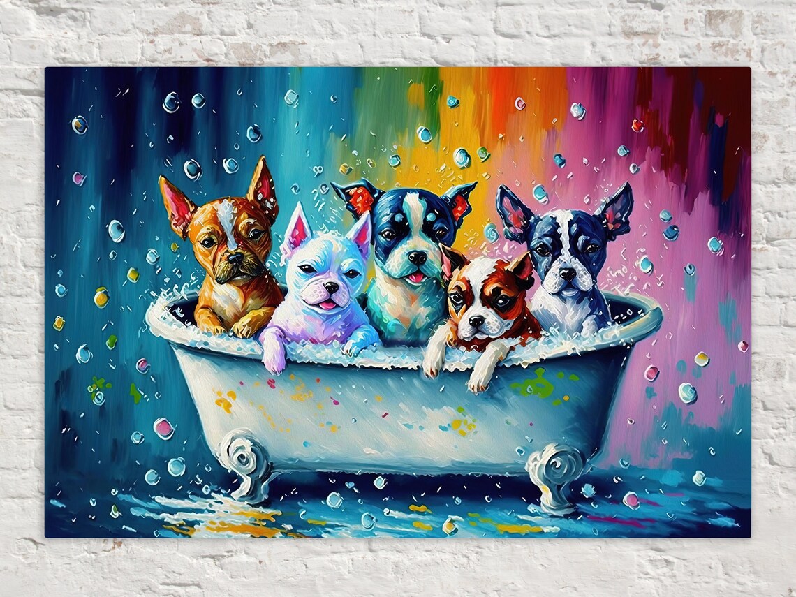 Five Cute Puppies in Bathtub Splash Playful Colorful Puppy Art Poster