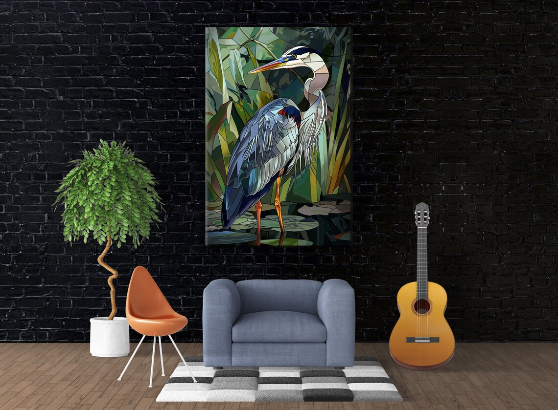 Great Blue Heron Stained Glass Green Reeds Wildlife Art Poster - Image 3